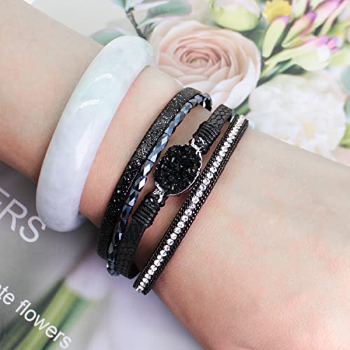 Boho Leather Wrap Bracelets Bohemian Crystal Bracelets Trendy Layered Bracelet with Magnetic Clasp Jewelry Gifts for Women - color: Black