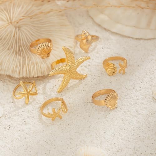 MIFYNN Chunky Gold Starfish Seashel Ring for Women Dainty Conch Pearl Ring Set Boho Ocean Stackable Rings Fashion Adjustable Beach Statement Rings Set Summer Charm Jewelry for Women - color: Gold-7Pcs