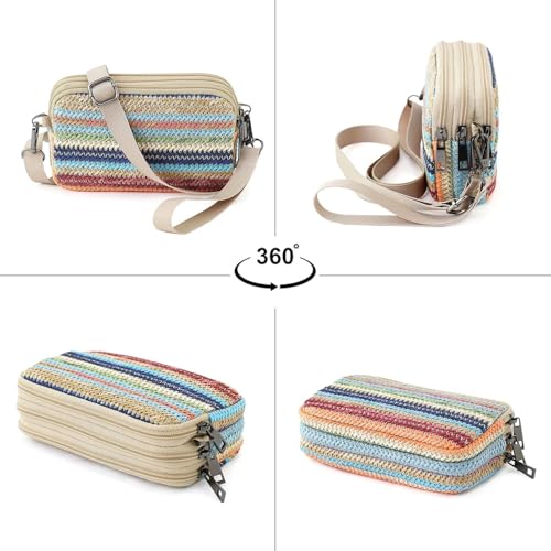 Small Wristlet Wallet for Women, 3-Zip Crossbody Phone Purse - color: Bluestripe/Straw-horiz