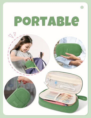SUNEE Cute Pencil Case, Large Pencil Pouch, Soft Corduroy Fabric Big Pencil Bag with Zipper, Kawaii Pen Bag Stationery Storage and Organizer, School Supplies for Teen, Student, Boys, Girls, Soft Green - color: Soft Green