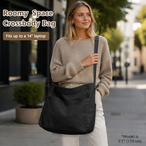 KALIDI Canvas Tote Bag Large Hobo Crossbody Shoulder Handbag Zipper Messenger Bag for Women or Men Casual College Work - color: Black