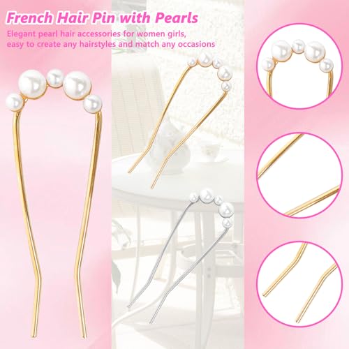 2Pcs French Hair Pins with Pearl U-Shaped French Twist Hair Pin Metal French Pin for Women Girls Large French Clip Vintage Hair Sticks Double Prongs Hair Pin Hairstyle Accessories, Gold and Silver