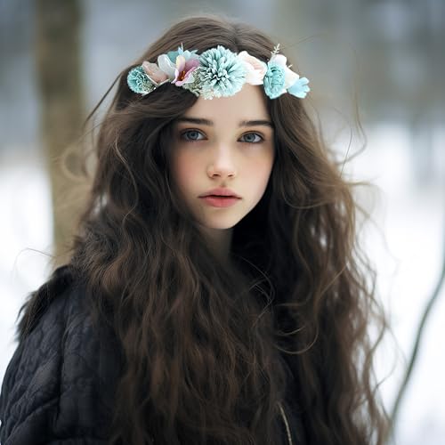 Vivivalue Boho Flower Headband Women Floral Crown Hair Wreath Flower Headpiece Halo with Ribbon Wedding Party Festival Photos Blue - color: 48