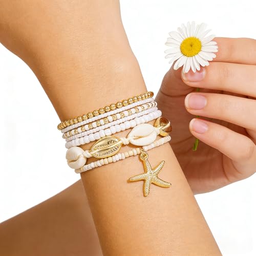 Shell Bracelet Seashell Boho Beaded Stretch Bracelets for Women Summer Beach Bracelets Starfish Charm Bracelet Stackable Gold Plated Bracelets Set for Women - color: d-white