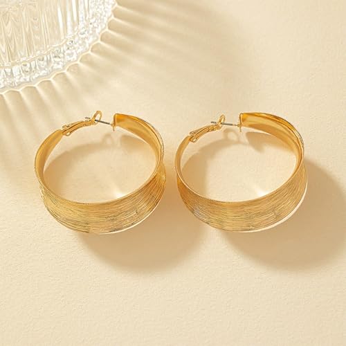 Chunky Gold Circular Statement Hoop Earrings Trendy Texture Large Piercing Dangle Drop Earrings - color: Gold