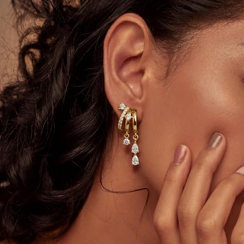 Triple Huggie Stacked Earrings for Women Gold Chain Drop Dangle Earrings Cute Statement CZ Earrings Trendy Dainty Jewelry Gift - color: Gold 6