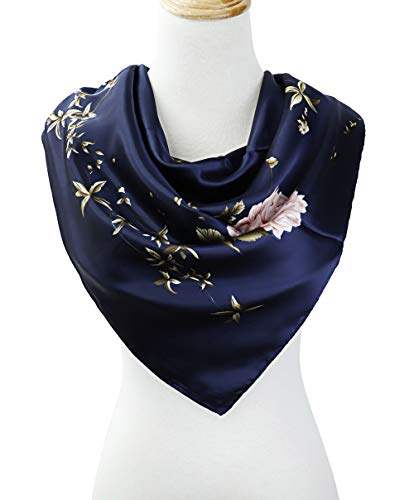 vabovin Satin Head Scarf for Women Silk Like Hair Scarf, 35 x 35 in | Silk Feel Fabric, Hair Wrap for Sleeping, Headscarf and Neck Scarf, Square Bandana Style, Fashion Accessory - color: 020 Navy Blue Peony