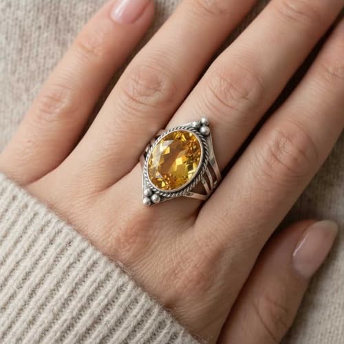 Handmade 925 Sterling Silver Plated Ring Natural Gemstone Carnelian, Rose Quartz, Tiger Eye, Crystal Oval Boho Jewelry For Women - color: Citrine Quartz