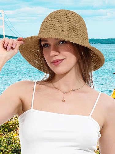 Womens Sun Hat Handmade Crochet Straw Bucket for Summer Foldable Travel Cap - color: Khaki