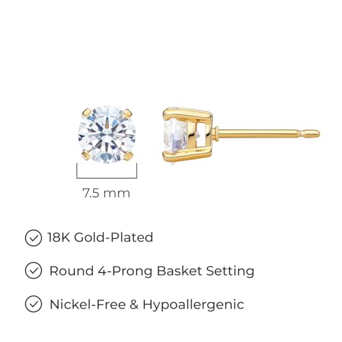 Amazon Essentials Plated Sterling Silver Cubic Zirconia Stud Earrings (Round & Princess) - color: White/Yellow Gold, size: 7.5 mm, style: Round Cut