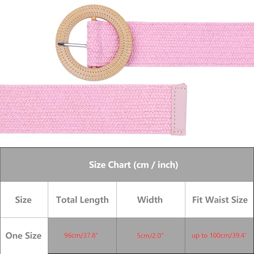 Women's Cotton and Linen Style Plastic Straw Braided Belt Circle Buckle for Dresses - color: Pink