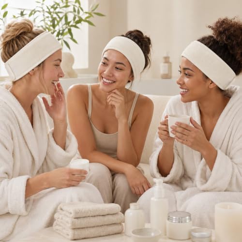 Whaline 4Pcs Spa Facial Headbands Make Up Wrap Head Terry Cloth Headband Soft Adjustable Towel Band for Face Washing Shower Facial Cover Yoga (Beige) - color: Beige