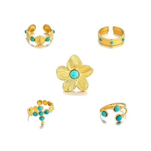 Bohemian Turquoise Ring for Women Chunky Gold Flower Statement Rings Vintage Round Turquoises Stackable Knuckle Ring Set for Women Western Jewelry - style: Turquoise flower ring-A