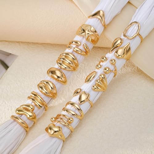 IFKM Gold Chunky Rings Set for Women 14k Gold Plated Thick Dome Stackable Open Rings Trendy Dainty Minimalist Jewelry Gifts - color: Gold, style: 17pcs Fashion