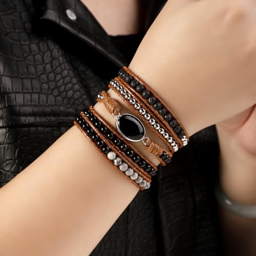 Artilady Leather Wrap Bracelets for Women - Pearl Bracelets Handmade Clasp Bangle Bracelet with Beads Jewelry Gift for Women and Mother - style: Black stone