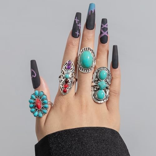 Turquoise Stackable Finger Ring Set Boho Knuckle Rings Midi Joint Carved Rings Natural Stone Adjustable Rings Victorian Handmade Jewelry Cocktail Party Birthday for Women Gift