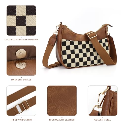 WJCD Women Crossbody Handbags Vegan Leather Shoulder Bag with Adjustable Strap - color: Brown Chessboard Pattern