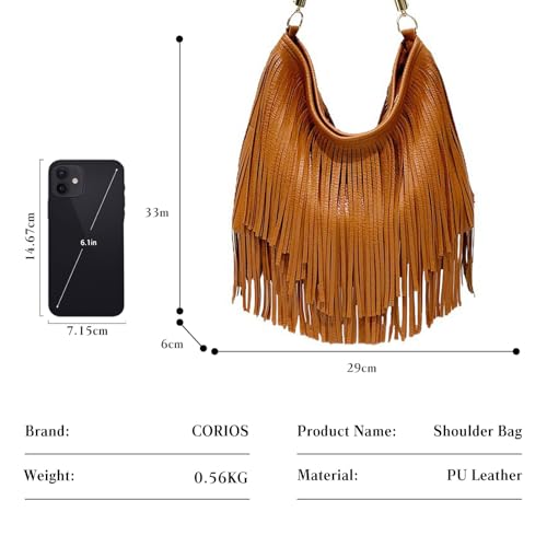 CORIOS Bohemian Fringe Leather Shoulder Bag for Women Dual-Side Tassel Handbag Underarm Purse Soft PU Leather Top Handle Bag - color: Brown