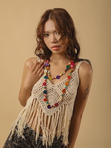 MINACHI Colorful Irregular Beaded Long Necklace, Coated Reflective Glass Beads, Bohemian Vintage Chunky Costume Jewelry for Women - style: Necklace NECK.008