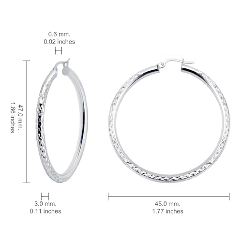 Hoops & Loops 925 Sterling Silver Diamond-Cut Round Hoop Textured 3mm Click-Top Earrings for Women, Slver, Two-Tone 14K Yellow Gold Flash Plate 15/20/25/30/35/40/45/50mm Hoops - color: Silver, size: 45mm (1.77'')
