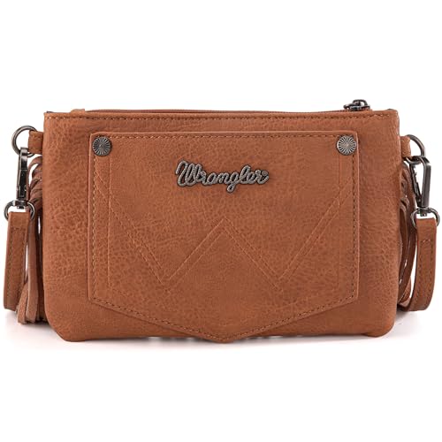 Wrangler Crossbody Small Purse for Women Wristlet Fringe Bag Western Purse - color: Angel Light Brown