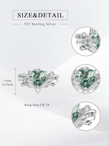 Natural Moss Agate Ring for Women 925 Sterling Silver Pear/Oval/Kite/Heart/Hexagon/Emerald/Coffin Cut Green Leaf Moss Agate Engagement Ring Promise Bridal Set Anniversary Birthday Jewelry Gifts - color: Heart Cut Moss Agate