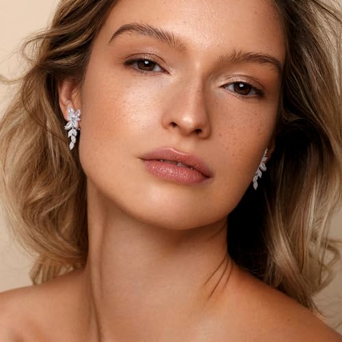 Awinesn Clip on Earrings for Women 925 Sterling Silver Plated Cubic Zirconia Long Tassel Dangle Drop Earrings Non Pierced Earrings for Women Jewelry Gifts Wedding Party - color: leaves 1