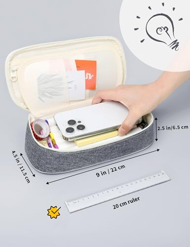 SUNEE Cute Pencil Case, Aesthetic Pen Pouch, Colored Large Pencil Bag with Zipper, Kawaii Stationery Storage and Organizer, School Supplies for Teen and Adult Girls, Gray - color: Grey