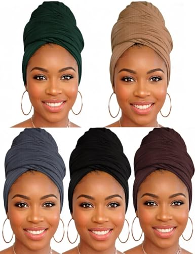 Head Wraps for Black Women, Breathable Headwrap Soft Long Hair Wraps Wide Headscarves for Locs Braids - color: 5pcs-(black,dark Gray,dark Green,camel,brown)