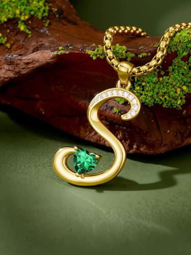 Birthday Gifts for Women 18k Gold Initial Necklaces for Women Simple Alphabets Letters with Birthstone Pendants Name Jewelry Anniversary Wedding Gifts for Sister Daughter Her (with Gift Box) - color: 05-May-Emerald, style: Letter S