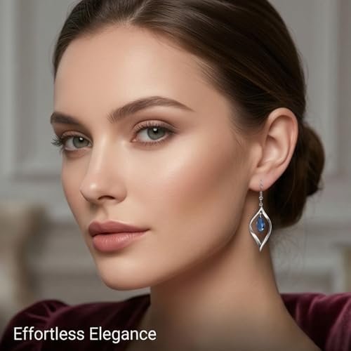 Rhodium Plate 925 Sterling Silver Hook Twist Leaf Holiday Hypoallergenic Dangle Earrings for Women Gifts Engagement Wedding with Austrian Daiamond Cut Waterdrop Crystal Hight Polished Long :1.9 IN - color: dark blue cryal