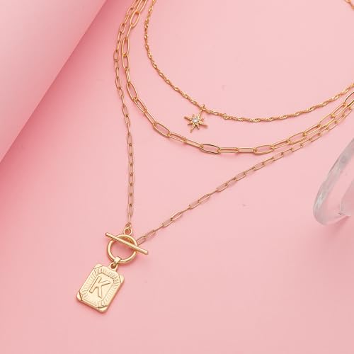 Paxuan Dainty Gold 3-Layer Personalized Initial Necklace for Women - 18K Gold Layered Letter Pendant Necklace Adjustble Paperclip Chain Choker Necklace Jewelry Gifts with Star Charm - style: Letter K