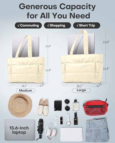 HOTOR Puffer Tote Bag for Women, Nurses - Multi-Pocket Lightweight Bag for Work - Quilted Handbag for Travel and Gym - color: Beige, size: 18.1" × 6.3" × 11.8"