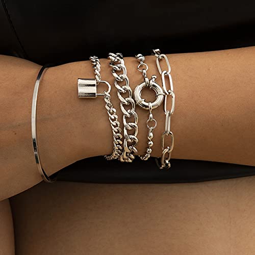Boho Fashion Dainty Boho Gold Silver Chain Stackable Lock Bracelets Set for Women Adjustable Beaded Chunky Flat Cable Chain Punk Bracelets Jewelry for Women Gift Set of 5 - color: Silver