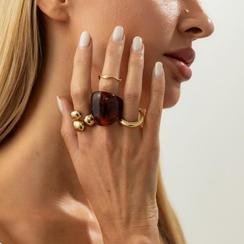 Chunky Adjustable Open Ring for Women Vintage Resin Geometric Ring Boho Statement Ring Set CZ Fashion Classic Jewelry Accessories - color: Gold1
