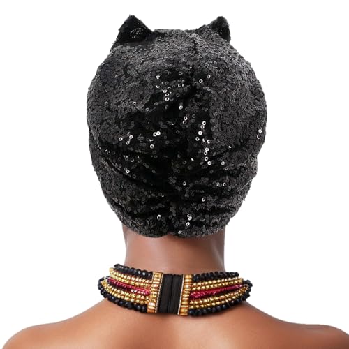 Erinaco Women Sparkle Sequin African Turban Bow Knot Pre-Tied Cap Pleated Ruffle Bonnet Beanie Hat Headwrap Skull Caps - color: Black Sequin