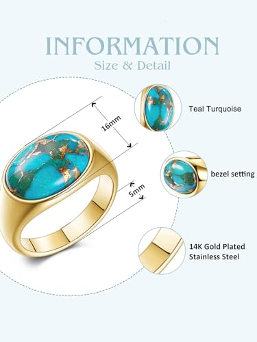 Turquoise Rings for Women, 14K Gold-Plated Stainless Steel Statement Ring with Oval Teal Turquoise, Lightweight and Non Tarnish, Vintage Boho Jewelry Gift for Her, Size 5-9 - color: Gold-Customizable