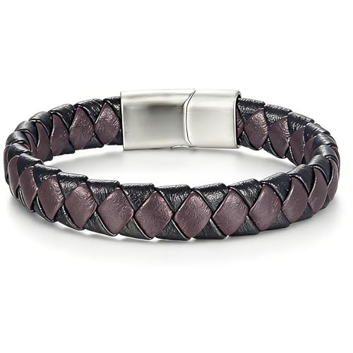 Men's Leather Bracelet, Stackable Stainless Steel Clasp Bracelets for Men Stylish Birthday, Thanksgiving, Valentine's Day Gift for My Man - style: 8.2" Long 10MM Wide Dark Purple Woven