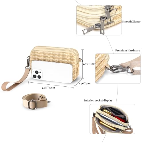 Small Wristlet Wallet for Women, 3-Zip Crossbody Phone Purse - color: Natural/Pp Straw