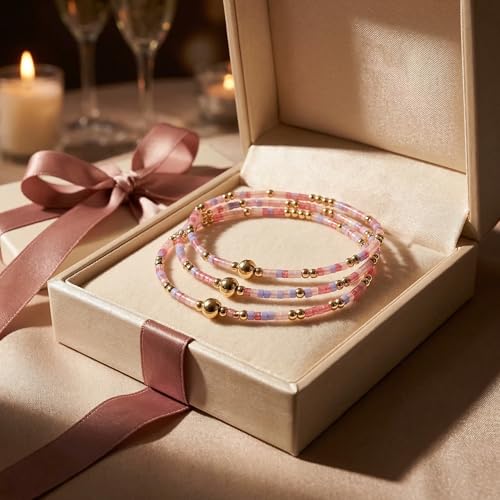 Dainty Gold Plated Tiny Ball Colorful Beaded Stack Bracelets Sets for Women,3Pcs Stackable Cute Bracelet Stretch Trendy Ball Jewelry Friendship Gift - color: pink