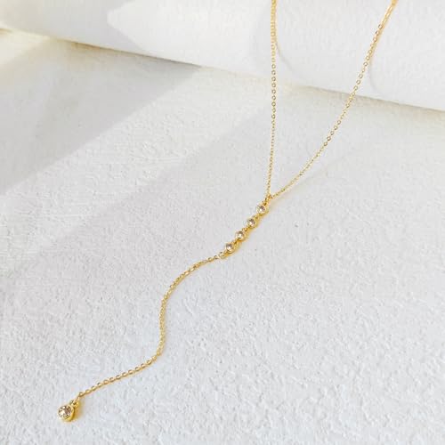 LULII Gold Necklace for Women Trendy Lariat Y Necklace Dainty 14k Gold Plated/Silver Long Necklaces for Women Layered Beaded Drop Necklaces Simple Y-Shaped Chain Jewelry Gifts - color: Y CZ Diamond Chain-Gold