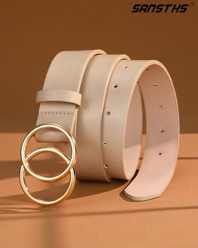 SANSTHS Womens Leather Belt for Jeans Pants Fashion Waist Belts Gold Silver Double Ring Buckle - color: Beige-gold Buckle, size: Fits Waist 30-35 inch