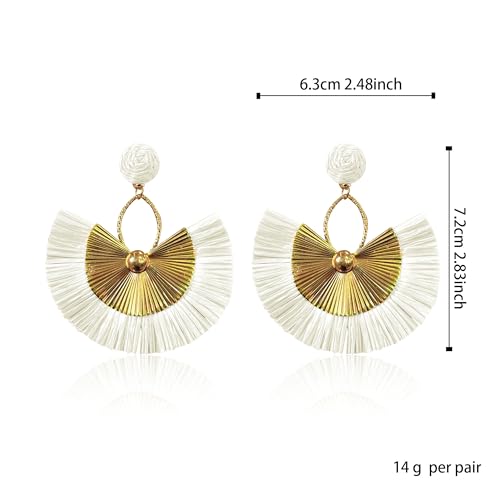 Anmpab Straw Fan Bohemian Tassel Earrings for Women Trendy Colorful Fringe Summer Beach Statement Earrings - color: White