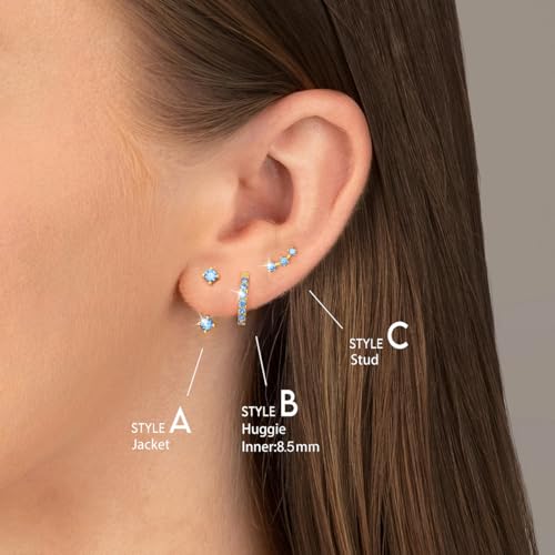 3 Pairs Dainty Small 4th of July Earrings for Women Trendy, Birthstone Stud Huggie Hoop Jacket Stack for Cartilage Helix, Gold Plated Hypoallergenic Cute Women Fashion Accessories Western Jewelry Gifts - color: 03Blue Created Aquamarine-Mar (Gold)