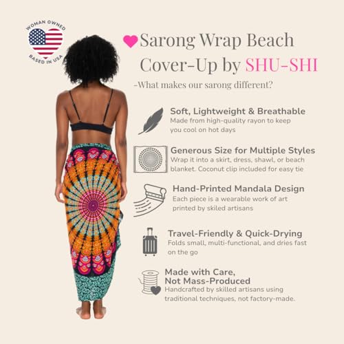 SHU-SHI Sarong Wraps for Women Long Beach Cover ups Pareo Bathing Suit Wrap Skirt Mandala Sarongs Coverup - color: Black/Tosca/Orange
