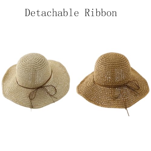 Women Straw Sun Hat Summer Beach Hats Foldable Floppy Cap Wide Brim Bucket Hat Solid Handmade Sun Protection Caps - color: Beige-brim3.1"