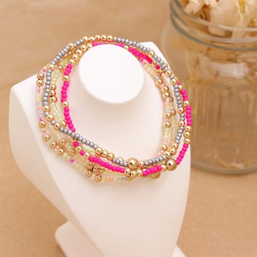 Gold Beaded Stackable Friendship Bracelets Set for Women, Handmade Boho Stretch Summer Jewelry Gift. - color: gold green gray fuchsia pink yellow beige