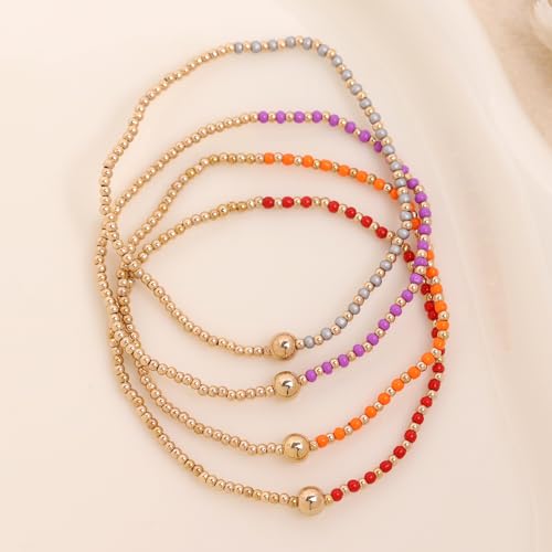 Gold Beaded Stackable Friendship Bracelets Set for Women, Handmade Boho Stretch Summer Jewelry Gift. - color: gold orange gray red purple