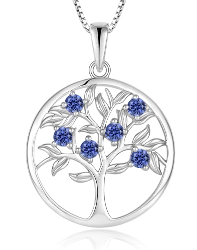 Tree of Life Necklace for Women - Solid 925 Sterling Silver 18K White Gold Plated Birthstone Pendant Jewelry - color: 12-Dec_Tanzanite