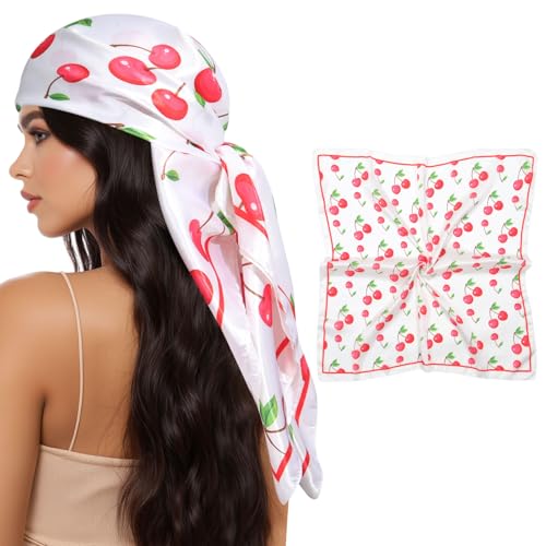 AWAYTR 35” Square Satin Head Scarf Hair Scarf for Women's Hair Silk Bandana for Women Silk Head Wrap for Sleeping - color: Cherry White